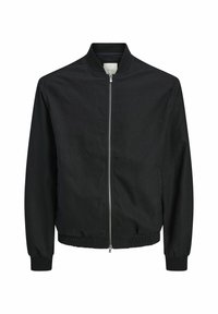 Veste bomber noire avec fermeture éclair frontale, col côtelé, poignets et taille élastiques, présentée sur fond blanc.