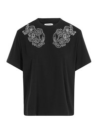 Zwarte t-shirt met korte mouwen, voorzien van bloemvormige kraalversieringen op de schouders. Gemaakt van katoen, met een comfortabele pasvorm en een ronde hals.