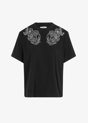 Schwarzes Kurzarm-T-Shirt mit floralen Perlenverzierungen an den Schultern. Aus Baumwollmaterial mit lockerer Passform und rundem Ausschnitt.
