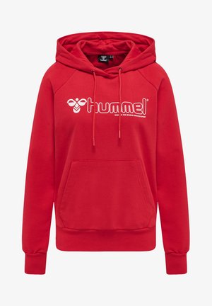 Roter Kapuzenpullover mit einer vorderen Kängurutasche, verstellbarem Zugband an der Kapuze und großem weißen "hummel"-Logo auf der Brust. Weiche Stofftextur.