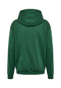Dunkelgrüner Hoodie mit langen Ärmeln, gerippten Bündchen und großer Kapuze, von hinten auf weißem Hintergrund gezeigt.