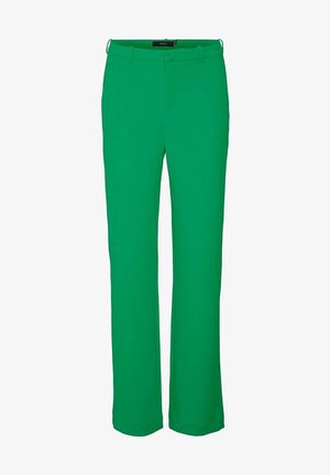 Groene broek met rechte pijpen, riemlussen, een ritssluiting aan de voorkant en een knoopsluiting, afgebeeld tegen een witte achtergrond.