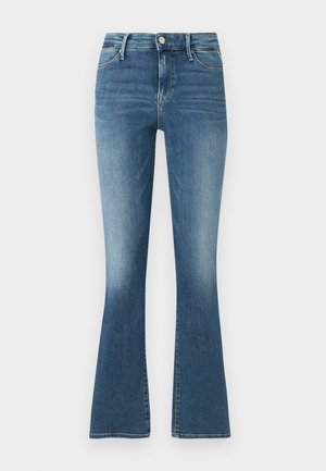 Verbleekte blauwe denim flared jeans met een hoge taille, knoopsluiting, vijf-pocket ontwerp en subtiele stikdetails langs de naden.
