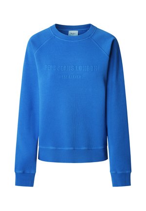 Sudadera azul de cuello redondo hecha de tela suave. Tiene un texto en relieve "PEPE JEANS LONDON WEST ELEVEN" en la parte frontal. Puños acanalados.