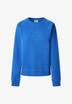 Sudadera azul de cuello redondo hecha de tela suave. Tiene un texto en relieve "PEPE JEANS LONDON WEST ELEVEN" en la parte frontal. Puños acanalados.