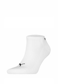 Chaussette blanche de cheville en matériau tricoté, avec un design texturé et un logo noir sur le côté. L'orteil est renforcé pour la durabilité.