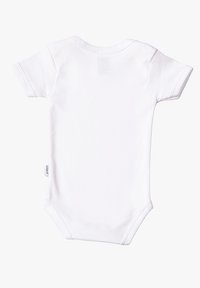 White cotton short-sleeve bodysuit with a round neck and snap fasteners at the bottom. Smooth texture and simple design.