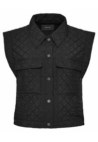 Czarna pikowana kamizelka z kołnierzykiem, dużymi kieszeniami z przodu i zapięciem na zatrzaski. Posiada wzór w romby i bezrękawnikowy fason.