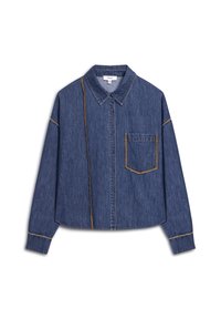 Denim shirt met een kraag, lange mouwen, een voorzak en contrasterend gele stiksels langs de naden. Het patroon is effen blauw denim.