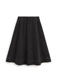 Jupe noire longueur genou en tissu lisse avec une ceinture élastique, présentant des coutures blanches le long des coutures et de l'ourlet.