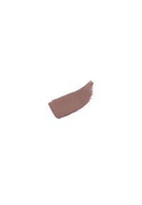 Échantillon de couleur à lèvres taupe mat, texture crémeuse avec un léger éclat, appliqué sous une forme épaisse et allongée sur un fond blanc.