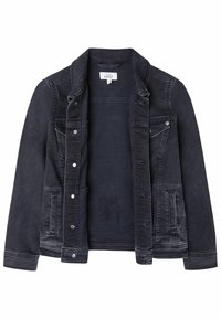 Black denim jacket with a classic cut, featuring metal snap buttons, chest pockets, and a soft interior. Textured fabric with subtle fade effects.
