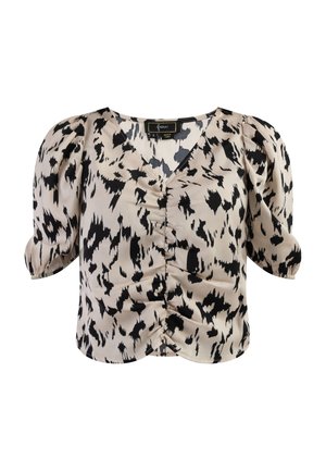 Korte mouwen blouse van beige stof met een zwart abstract patroon, voorzien van een V-hals en geplooide details aan de voorkant.