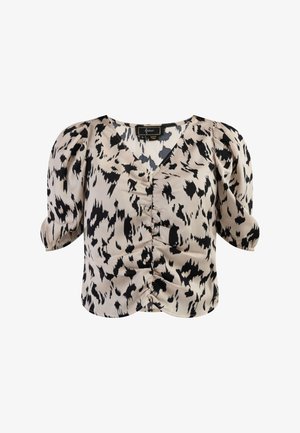 Lühikeste varrukatega bluus heledas beežis kangas musta abstraktse mustriga, millel on V-kujuline kaelus ja volangid esiosas.