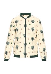 Geel bomberjack met palmboom- en avocado-print, groene accenten, geribbelde manchetten en een ritssluiting aan de voorkant. Lichtgewicht stof.