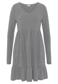 Graues langärmeliges Kleid mit V-Ausschnitt, ausgestelltem Oberteil und Rüschensaum. Hergestellt aus einem weichen Baumwollmischgewebe mit glatter Textur.