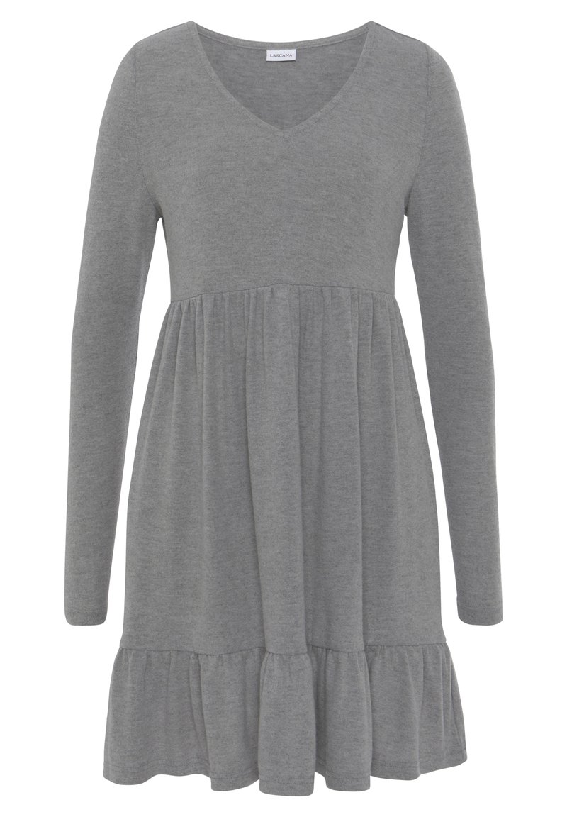 Graues langärmeliges Kleid mit V-Ausschnitt, ausgestelltem Oberteil und Rüschensaum. Hergestellt aus einem weichen Baumwollmischgewebe mit glatter Textur.