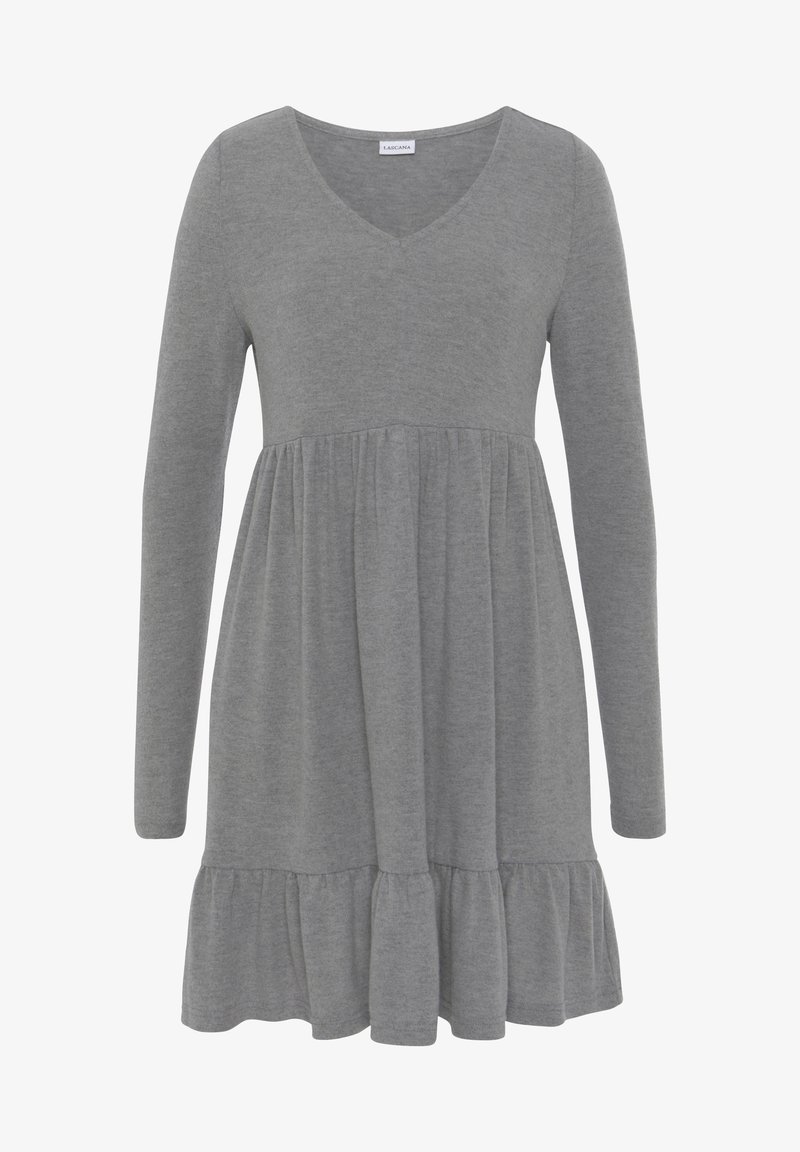 Graues langärmeliges Kleid mit V-Ausschnitt, ausgestelltem Oberteil und Rüschensaum. Hergestellt aus einem weichen Baumwollmischgewebe mit glatter Textur.