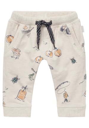 Beżowe spodnie dla malucha z elastyczną talią i czarno-białym sznurkiem, ozdobione nadrukami żab, jabłek, chrząszczy, wędek i butelek z lemoniadą.