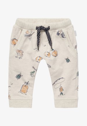 Pantaloni beige per bambini piccoli con vita elastica e coulisse bianco-nera, decorati con stampe di rane, mele, scarafaggi, canne da pesca e bottiglie di limonata.