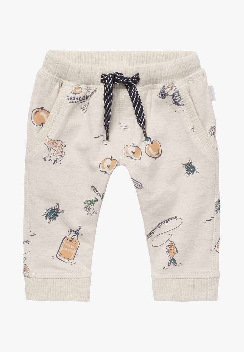Pantalon beige pour tout-petit avec taille élastique et cordon noir et blanc, orné de motifs de grenouilles, pommes, scarabées, cannes à pêche et bouteilles de limonade.