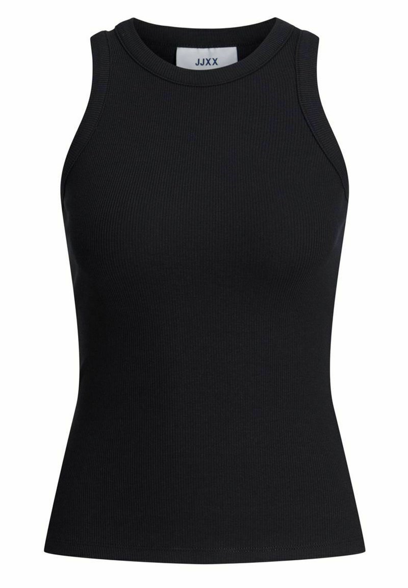 Svart ribbestrikket tanktopp med rund hals og ermeløs design. Glatt tekstur, tettsittende passform uten synlig maskinvare eller detaljer.