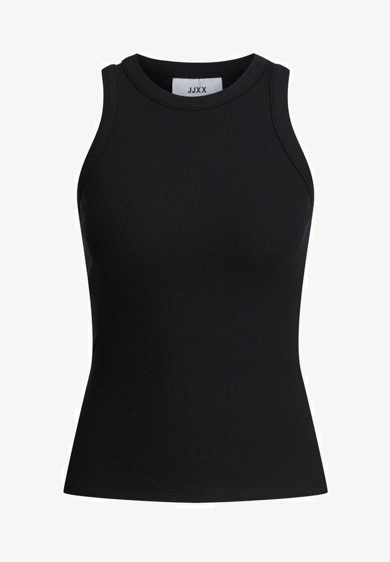 Μαύρο ριγέ κοντομάνικο μπλουζάκι με στρογγυλή λαιμόκοψη και χωρίς μανίκια. Λείο ύφασμα, εφαρμοστή γραμμή χωρίς ορατές λεπτομέρειες ή αξεσουάρ.