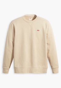 Beige sweatshirt i mjukt material med rundad halsringning, ribbad mudd i ärmar och nederkant, prydd med en liten röd Levi's-logotyp på bröstet.