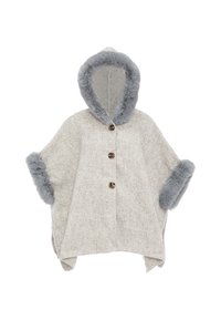 Poncho a riquadri houndstooth in beige e grigio, dotato di un cappuccio e polsini in pelliccia sintetica abbinati, con tre bottoni decorativi sulla parte anteriore.