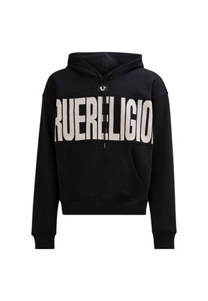 Black cropped hoodie featuring a large white "RUERELIGION" logo across the chest, front pocket, drawstring hood, and ribbed cuffs.