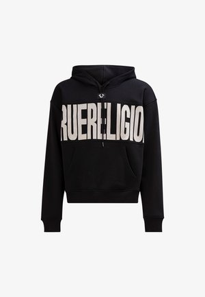 Czarna, krótka bluza z kapturem z dużym białym logo "RUERELIGION" na piersi, kieszenią z przodu, kapturem ze sznurkiem oraz ściągaczami przy rękawach.