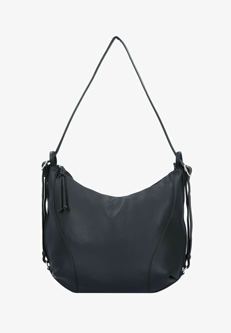 Zwarte leren schoudertas met een zacht, slordig ontwerp. Beschikt over een enkele schouderband, zijtassels en een gladde textuur.