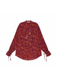 Langärmeliges Blusenshirt in tiefem Rot mit floralem Muster. Verfügt über gerüschte Frontdetails und gebundene Manschetten. Hergestellt aus leichtem Stoff.