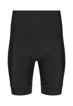 Schwarze, hoch taillierte Fahrradhosen mit gepolstertem Sitz und glatten Nähten, entwickelt für Komfort und Leistung.