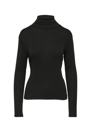 Schwarzes langärmliges Turtleneck-Oberteil aus weichem, dehnbarem Material mit tailliertem Design und subtilen Nahtdetails am Kragen und Saum.