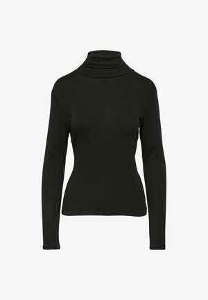 Schwarzes langärmliges Turtleneck-Oberteil aus weichem, dehnbarem Material mit tailliertem Design und subtilen Nahtdetails am Kragen und Saum.