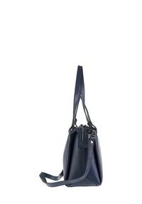 Borsa a tracolla in pelle blu navy con forma strutturata, superficie texturizzata, doppi manici e tracolla regolabile. Caratterizzata da una chiusura con zip e una piccola tasca accentata.