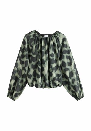 Blusa a maniche lunghe in stampa animale nera e verde, con scollatura arricciata e orlo elasticizzato, realizzata in tessuto leggero e testurizzato.