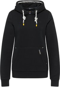 Sweat à capuche noir avec une poche kangourou, des cordons de serrage réglables, des poignets côtelés et un logo discret. Confectionné dans un tissu doux et texturé.