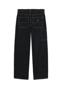 Black denim trousers with a loose fit, featuring two back pockets and one side pocket, accented with contrasting stitching.