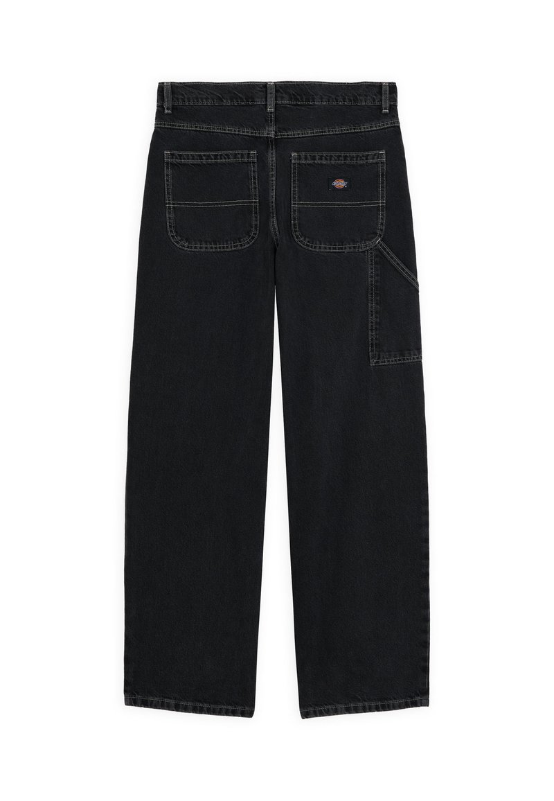 Pantaloni in denim nero con vestibilità ampia, dotati di due tasche posteriori e una tasca laterale, accentuati da cuciture a contrasto.