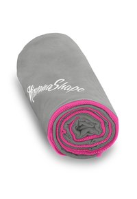 Gray rolled towel with pink trim, featuring a soft fleece texture and the brand name "HavanaShape" printed in white.