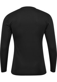 Schwarzes Langarmshirt aus einem glatten, dehnbaren Stoff. Besitzt einen runden Ausschnitt und eng anliegende Ärmel. Keine sichtbaren Muster oder Beschläge.