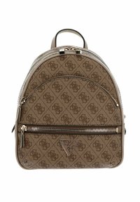 Sac à dos marron à motifs avec une fermeture zippée, surface texturée et accent logo. Il dispose de bretelles ajustables et d'une poche avant supplémentaire.