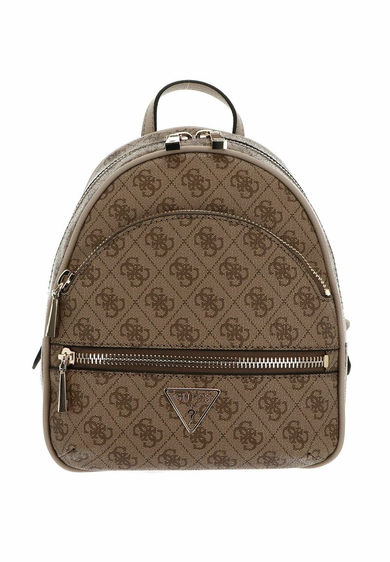 Sac à dos marron à motifs avec une fermeture zippée, surface texturée et accent logo. Il dispose de bretelles ajustables et d'une poche avant supplémentaire.
