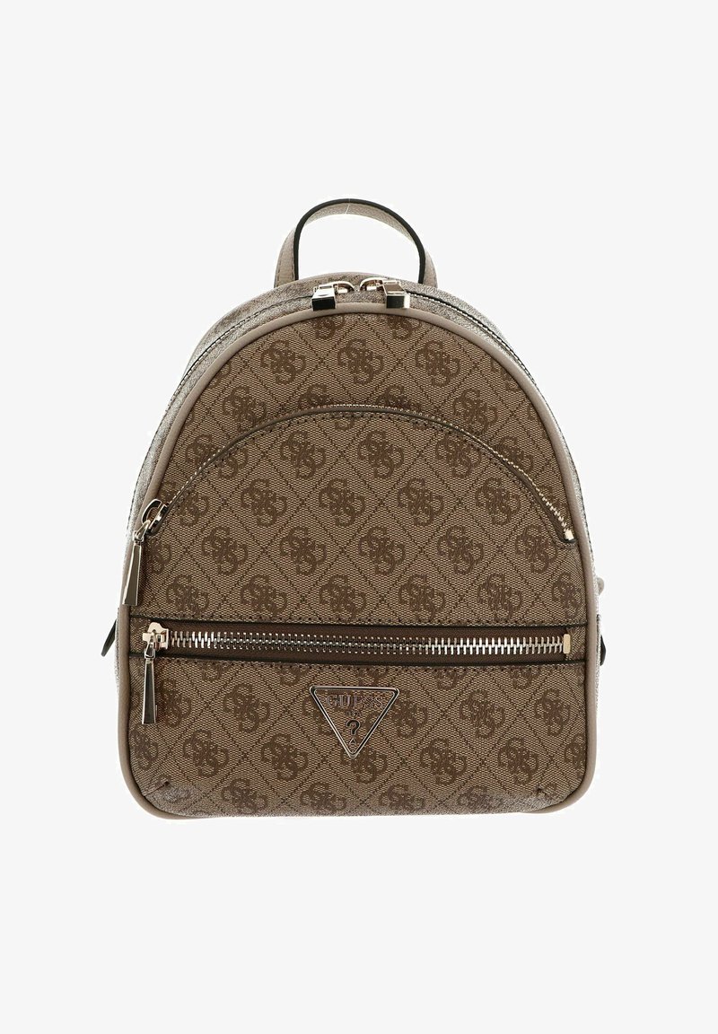 Sac à dos marron à motifs avec une fermeture zippée, surface texturée et accent logo. Il dispose de bretelles ajustables et d'une poche avant supplémentaire.