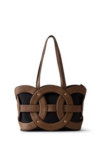Sac fourre-tout avec une forme structurée, en matériau texturé brun et avec des accents en tissu noir. Motif tissé circulaire marquant et poignées courtes.