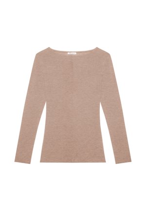 Lange mouw top in lichtbeige. Beschikt over een bootnek en een slim fit. Gemaakt van een zachte, gestructureerde stof zonder zichtbare patronen of accenten.