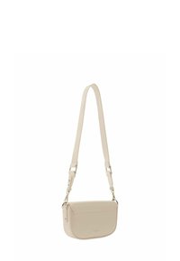 Beige leather crossbody bag with a curved shape, adjustable strap, and subtle metallic accents. Smooth texture, minimalistic design.