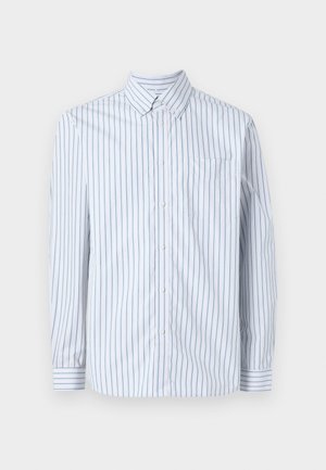 Camicia a maniche lunghe con bottoni in cotone a strisce blu chiaro e bianche, con taschino sul petto e colletto button-down.